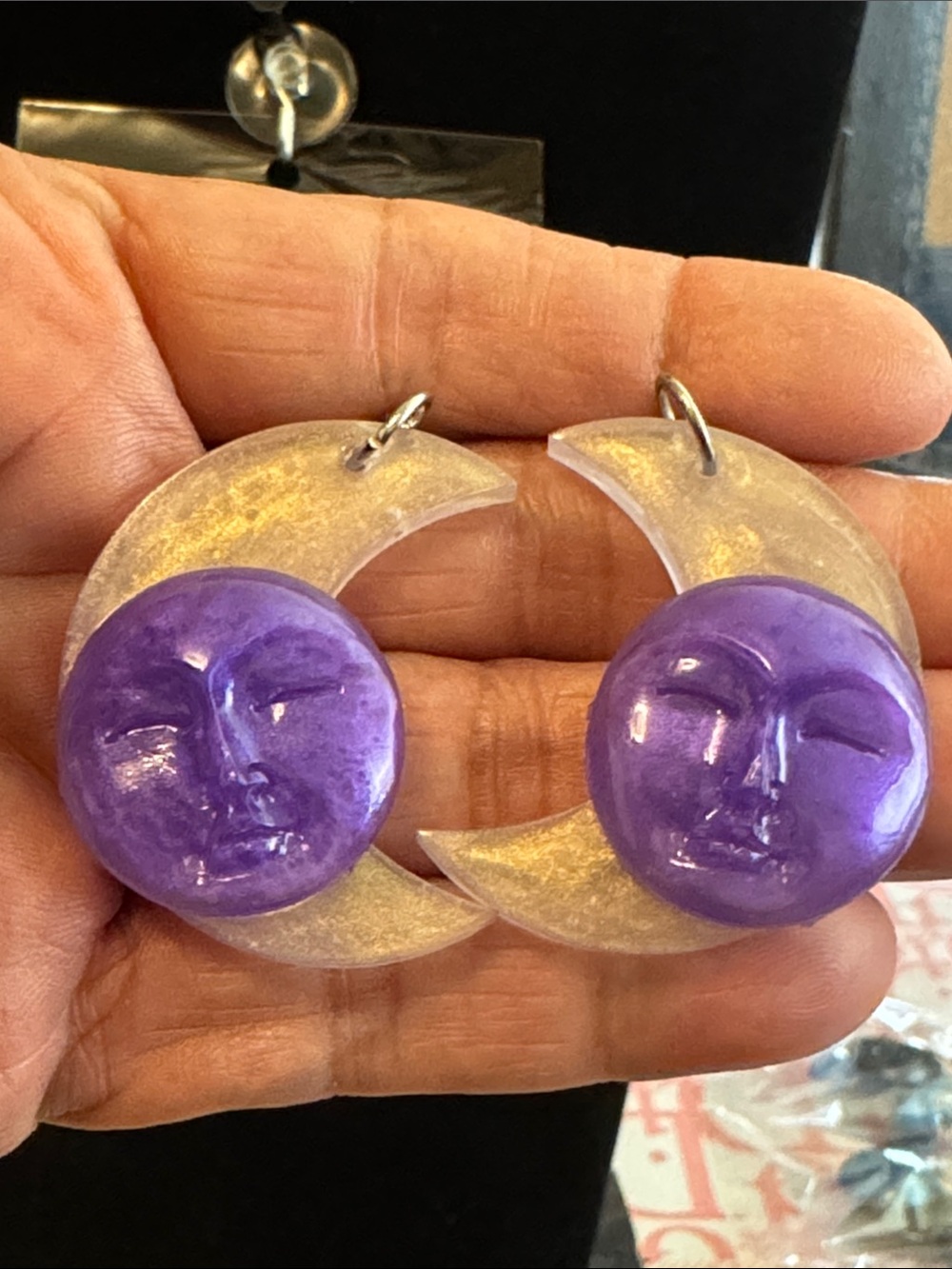 Purple Moon Face / crescent moon Drop Earrings